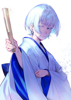 Rule 34 | 1girl, absurdres, akane-banashi, blue eyes, commentary request, earrings, folding fan, grey hair, hand fan, hand up, highres, holding, holding fan, japanese clothes, jewelry, kimono, koragi hikaru, looking at viewer, smile, tomoe0812y, white hair