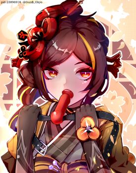 1girl absurdres applying_gag chiori_(genshin_impact) dildo_gag dress gag genshin_impact gloves grey_kimono gun$_okyo highres japanese_clothes kimono red_eyes red_hair