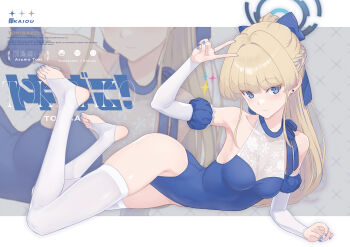 1girl blonde_hair blue_archive blue_eyes blue_halo blue_leotard blue_nails bow breasts closed_mouth commentary_request dan_(kumadan) earrings full_body hair_bow halo highres jewelry leotard long_hair looking_at_viewer lying medium_breasts on_side puffy_short_sleeves puffy_sleeves short_sleeves solo stirrup_legwear thighhighs toeless_legwear toki_(blue_archive) v very_long_hair white_thighhighs zoom_layer