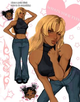 black_nails blonde_hair brown_eyes choso_(jujutsu_kaisen) dark-skinned_female dark_skin denim g-string highres jeans lingerie meme nail_polish navel pants sleeveless sleeveless_turtleneck snoopminnie thong tsukumo_yuki_(jujutsu_kaisen) turtleneck underwear
