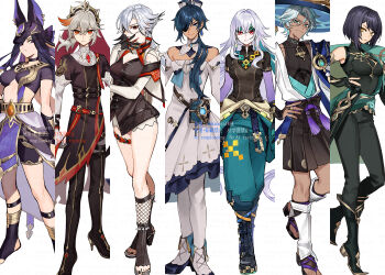 Rule 34 | 3boys, 4girls, alhaitham (genshin impact), alhaitham (genshin impact) (cosplay), animal ears, aqua pants, arlecchino (genshin impact), barbara (genshin impact), barbara (genshin impact) (cosplay), black bodysuit, black eyes, black gloves, black hair, black shirt, black shorts, blue hair, bodysuit, breasts, brown shirt, brown thighhighs, clorinde (genshin impact), clothes around waist, cosplay, crop top, cross-shaped pupils, cyno (genshin impact), cyno (genshin impact) (cosplay), dress, earrings, eyepatch, fingerless gloves, genshin impact, gloves, gold trim, green eyes, grey hair, hair between eyes, hat, headband, highres, ifa (genshin impact), jewelry, kaedehara kazuha, kaeya (genshin impact), kinich (genshin impact), kinich (genshin impact) (cosplay), kujou sara, long hair, long sleeves, multiple boys, multiple girls, ojo aa, pants, pantyhose, purple eyes, purple hair, red eyes, red hair, red pupils, rosaria (genshin impact), rosaria (genshin impact) (cosplay), scaramouche (genshin impact), shirt, shorts, shoulder spikes, skirk (genshin impact), spikes, symbol-shaped pupils, thighhighs, trap, veil, wanderer (genshin impact), wanderer (genshin impact) (cosplay), white background, white dress, white pantyhose, white sleeves, xinyan (genshin impact), xinyan (genshin impact) (cosplay)