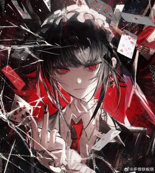 1girl absurdres black_hair black_jacket black_nails broken_glass card celestia_ludenberg collared_shirt danganronpa:_trigger_happy_havoc danganronpa_(series) dice dice_earrings dress_shirt drill_hair duoqing_tie_ban_shao earrings expressionless eyelashes floating floating_object frilled_headband glass highres holding holding_card jacket jewelry looking_at_viewer nail_polish poker red_eyes ringed_eyes shirt solo straight-on suit_jacket twin_drills upper_body watermark weibo_username weibo_watermark white_shirt