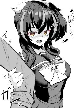 1girl 1other absurdres akkunz animal_ears commentary_request daitaku_helios_(umamusume) ear_covers ears_back facial_tattoo fang grabbing_another's_arm greyscale hair_ornament heart highres horse_ears horse_girl horse_tail long_sleeves monochrome multicolored_hair school_uniform side_ponytail skirt star_(symbol) star_hair_ornament streaked_hair tail tattoo tracen_school_uniform translation_request umamusume yellow_eyes