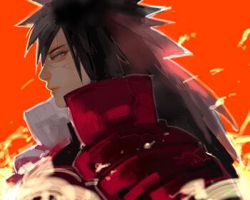 1boy armor black_hair commentary cracked_skin edo_tensei expressionless fire from_side japanese_armor long_hair male_focus naruto_(series) naruto_shippuuden ohnopp purple_eyes red_background rinnegan solo uchiha_madara