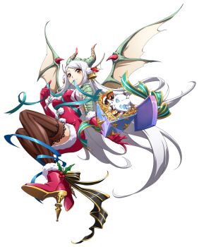 1girl animal_ears bare_shoulders bell black_ribbon blue_ribbon boots box breasts brown_thighhighs christmas christmas_present closed_mouth dragon_ears dragon_girl dragon_horns dragon_wings dress elbow_gloves finger_twirl fins floating_hair flying from_below full_body fur-trimmed_boots fur-trimmed_dress fur-trimmed_gloves fur_trim game_cg gift gift_box gloves green_horns green_ribbon hair_bell hair_ornament head_fins high_heel_boots high_heels highres holding holding_box holding_gift holding_ribbon horns langrisser langrisser_mobile langrisser_re:incarnation long_hair long_sidelocks looking_to_the_side medium_breasts mistletoe mouth_hold official_alternate_costume official_art parted_bangs red_boots red_dress red_eyes red_gloves renata_(langrisser) ribbon ribbon_in_mouth santa_costume santa_dress scales second-party_source short_dress sidelocks simple_background slit_pupils smile solo strapless strapless_dress striped_clothes striped_thighhighs tachi-e thighhighs transparent_background vertical-striped_clothes vertical-striped_thighhighs very_long_hair white_hair wings zettai_ryouiki