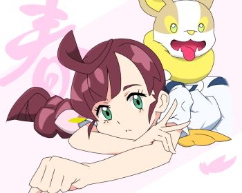 1girl chloe_(pokemon) gen_8_pokemon green_eyes long_hair maroon_hair nintendo pokemon pokemon_(anime) pokemon_(creature) pokemon_journeys prone_position school_uniform white_background yamper