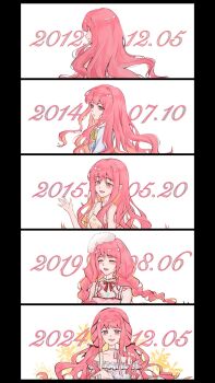 1girl absurdres backpack bag bare_arms bare_shoulders bead_necklace beads beret black_border black_bow black_ribbon bloom_poetry_(shining_nikki) border bow bow_choker bowtie braid brown_eyes buttons center_frills choker closed_mouth clothes_writing collarbone collared_shirt covered_collarbone dated dress expressionless eyelashes eyes_visible_through_hair floating_hair floral_print flower flower_necklace food_print frilled_shirt frilled_shirt_collar frilled_sleeves frills from_behind fruit_print fur_hat hair_bow hair_ribbon happy hat highres infinity_nikki jewelry light_blush long_hair long_sidelocks long_sleeves looking_at_viewer looking_back low_twin_braids low_twintails miracle_nikki necklace nikki_(nikki) nikki_(series) nikki_up2u nikki_up2u2:_world_traveller off-shoulder_shirt off_shoulder offering_hand open_mouth parted_lips perfect_start_(infinity_nikki) pinafore_dress pink_bow pink_bowtie pink_choker pink_dress pink_flower pink_hair pink_rose plaid_clothes plaid_dress pointy_nose print_dress red_bow red_bowtie release_date ribbon rose rose_print see-through_clothes see-through_shirt sequential shining_nikki shirt sidelocks sleeveless sleeveless_dress sleeveless_shirt smile snowflake_necklace snowflakes straight-on strawberry_print suspenders teeth tress_ribbon twin_braids twintails upper_teeth_only very_long_hair waving wavy_hair white_background white_bag white_dress white_hat white_shirt yellow_bow yellow_shirt yukina_(xuenaiqianying719)