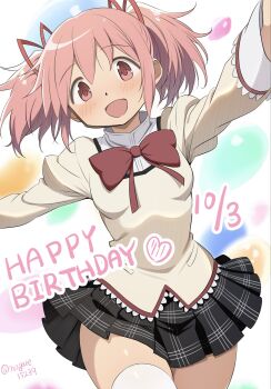 1girl blush bow dress hair_bow hair_ribbon hairband happy_birthday high_collar highres kaname_madoka lace lace-trimmed_shirt lace-trimmed_sleeves lace_trim looking_at_viewer mahou_shoujo_madoka_magica mahou_shoujo_madoka_magica_(anime) mitakihara_school_uniform nagare_(flow) open_mouth pink_eyes pink_hair plaid_clothes plaid_skirt ribbon school_uniform shirt short_hair short_twintails skirt smile solo thighhighs twintails