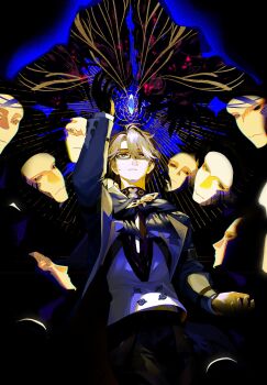 0529lt 1boy arm_up black-framed_eyewear black_pants brown_hair commentary english_commentary glasses highres honkai:_star_rail honkai_(series) jacket layered_sleeves long_sleeves looking_up male_focus mask pants parted_hair shirt solo welt_yang white_shirt