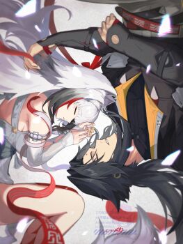 1boy 1girl armlet bare_shoulders black_hair black_jacket blurry blurry_foreground bracelet breasts brother_and_sister china_dress chinese_clothes closed_eyes commentary_request dress droopy_ears facial_mark fetal_position forehead_mark from_side grey_background grey_pants hair_intakes hairband hand_in_another&#039;s_hair highres jacket jewelry leg_tattoo long_hair lying medium_breasts metal_bracelet multicolored_hair on_side pants parted_lips red_hair red_streaks siblings silver_armlet silver_bracelet streaked_hair tail tattoo transformation uixy upside-down very_long_hair white_hair white_hairband white_tail ye_shiyuan ye_shunguang zenless_zone_zero