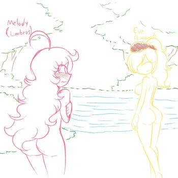 2girls ahoge ass back blonde_hair blush borrowed_character breasts bush character_name closed_eyes completely_nude embarrassed english_text eve_(limbros) from_behind highres long_hair medium_breasts melody_valentine_(limbros) monochrome multiple_girls nairod_(dorianbaeza3) nature nude nudist original pink_hair ponytail river sideboob sketch smile standing tree