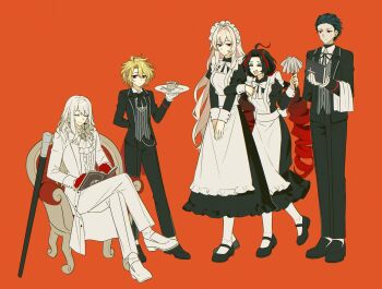 2boys 3girls :d alternate_costume antenna_hair apron arm_behind_back ascot black_bow black_bowtie black_dress black_footwear black_hair black_jacket black_pants book bow bowtie breasts butler cane chair closed_eyes cross cross_earrings crossdressing_(ftm) cup curiambro_(project_moon) don_quixote_(project_moon) dress drill_hair dulcinea_(project_moon) duster earrings enmaided expressionless fang feather_duster female_butler grey_hair highres holding holding_book holding_duster holding_plate jacket jewelry juliet_sleeves kamisiro_sora la_manchaland&#039;s_don_quixote_(project_moon) limbus_company long_hair long_sleeves maid maid_apron maid_headdress mary_janes multiple_boys multiple_girls nicolina_(project_moon) open_book open_mouth orange_background pants plate project_moon puffy_sleeves red_eyes red_hair sancho_(project_moon) shoes short_hair simple_background sitting smile socks spoon teacup towel towel_on_arm twin_drills v_arms very_long_hair white_ascot white_footwear white_pants white_socks