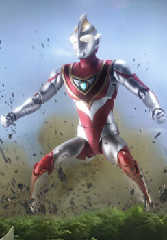 1boy absurdres alien armor blue_sky breastplate clenched_hands color_timer colored_skin commentary compound_eyes day debris dirt dorsal_fin dust_cloud dynamic_pose feet_out_of_frame figure_(medium) giant giant_male glowing glowing_eyes gold_trim ground_shatter highres landing looking_ahead love894anon male_focus multicolored_skin no_pupils outdoors pectorals photo_(medium) red_skin sh_figuarts silver_skin sky solo squatting tokusatsu toned toned_male two-tone_skin ultra_series ultraman_gaia ultraman_gaia_(series) white_eyes wrinkled_skin