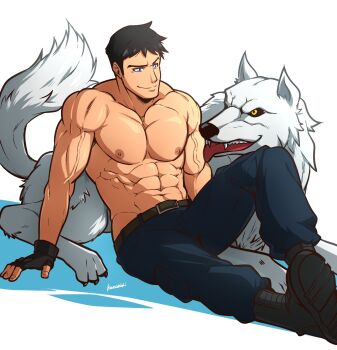 1boy abs animal bara black_gloves black_hair blue_eyes blue_pants boots closed_mouth dc_comics fingerless_gloves gloves highres kon-el kuroshinki large_pectorals male_focus muscular muscular_male navel nipples pants pectorals short_hair simple_background sitting smile superboy topless_male veins veiny_arms wolf wolf_(dc) young_justice