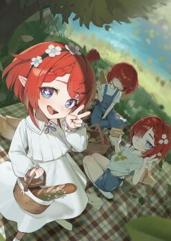 3girls absurdres alternate_costume apopo baguette basket blindfold blue_dress blue_eyes blue_shorts blurry blurry_background bread closed_mouth collared_dress commentary cross-shaped_pupils day dress dutch_angle envelope falling_leaves flower flower_hairband food full_body grass hair_flower hair_ornament hair_over_eyes hair_over_one_eye hand_up highres holding holding_basket holding_food holding_sandwich honkai:_star_rail honkai_(series) leaf long_sleeves looking_at_viewer mechanical_wings multiple_girls neck_ribbon no_shoes open_mouth outdoors picnic picnic_basket picnic_blanket pinafore_dress pointy_ears pond red_hair ribbon sandwich shirt short_hair short_sleeves shorts siblings sisters sitting sleeveless sleeveless_dress smile socks standing symbol-only_commentary symbol-shaped_pupils t-shirt tree trianne_(honkai:_star_rail) tribbie_(honkai:_star_rail) trinnon_(honkai:_star_rail) triplets upper_body v wariza water white_dress white_shirt white_socks wings yokozuwari