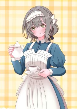 1girl absurdres apron black_ribbon blush closed_mouth cup dress gakuen_idolmaster green_dress green_eyes grey_hair hair_ribbon highres hiwatari_kanae holding holding_plate holding_teapot idolmaster maid maid_headdress plaid_background plate puffy_sleeves raby_vivid ribbon short_hair smile solo teapot white_apron yellow_background