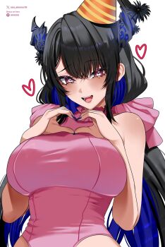 1girl :d asymmetrical_horns black_hair blue_hair breasts colored_inner_hair commentary english_commentary flower frilled_leotard frills hat heart heart_hands highres hololive hololive_english horn_flower horns large_breasts leotard long_hair mole mole_under_eye multicolored_hair nerissa_ravencroft oioi_ainomo open_mouth paid_reward_available party_hat pink_leotard purple_eyes sidelocks simple_background smile solo tilted_headwear uneven_horns very_long_hair virtual_youtuber white_background