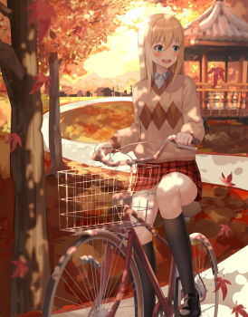 1girl absurdres aqua_eyes autumn autumn_leaves bicycle bicycle_basket black_shorts black_socks blonde_hair blush brown_sweater building cityscape commentary dappled_sunlight day facing_viewer falling_leaves full_body gazebo grass grey_shirt hair_between_eyes highres leaf long_hair looking_to_the_side maple_leaf mountainous_horizon open_mouth original outdoors park path plaid_clothes plaid_skirt power_lines railing riding riding_bicycle road shirt shorts sidelocks skirt sky socks solo sunlight sweater teeth tree upper_teeth_only utility_pole yellow_sky yeolyeo