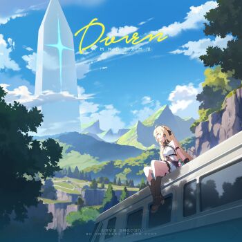 1girl :d ahoge album_cover bare_shoulders black_boots blonde_hair blue_eyes blue_sky boots braid cloud cover day game_cg hair_ribbon high_heel_boots high_heels highres long_hair miniskirt monolith_(object) motor_vehicle non-web_source noya_(stella_sora) official_art on_van open_mouth outdoors pleated_skirt ribbon ribbon_braid shadow shirt side_braid sideless_shirt sitting skirt sky sleeveless sleeveless_shirt smile socks solo stella_sora tree van very_long_hair white_shirt white_skirt white_socks wide_shot