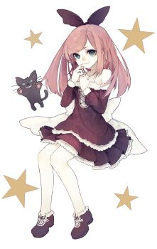 Rule 34 | 1girl, black bow, black cat, blue eyes, blush, bow, breasts, brown shoes, cat, closed mouth, commentary request, detached sleeves, dress, floating, frills, hair bow, highres, long hair, looking at viewer, original, pink hair, red dress, riuichi, shoes, simple background, sitting, small breasts, smile, solo focus, star (symbol), white background