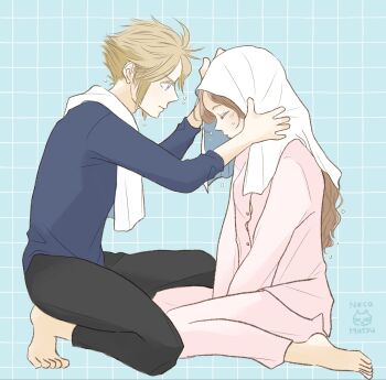 aerith_gainsborough aqua_background artist_name barefoot black_pants blonde_hair blue_shirt bodyguard brown_hair closed_eyes cloud_strife commentary_request final_fantasy final_fantasy_vii full_body grid_background highres kneeling light_blush long_hair looking_at_another nekomatsu pajamas pants pink_pajamas pink_pants pink_shirt shirt short_hair spiked_hair towel towel_on_head water_drop wet wet_hair