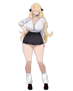 1girl absurdres alternate_breast_size_(larger) alternate_costume arm_at_side black_choker black_ribbon black_shoes black_skirt blonde_hair blush breasts button_gap choker cleavage collarbone collared_shirt commentary_request cynthia_(pokemon) full_body grin gyaru hair_over_one_eye hair_ribbon hand_on_own_hip high-waist_skirt highres huge_breasts kogal loafers long_hair looking_at_viewer loose_socks miniskirt nintendo one_eye_covered parted_lips peace_peace009 pleated_skirt pokemon pokemon_dppt ribbon school_uniform shirt shirt_tucked_in shoes simple_background skirt sleeves_past_wrists sleeves_pushed_up smile socks solo standing very_long_hair wavy_hair white_background white_shirt white_socks yellow_eyes