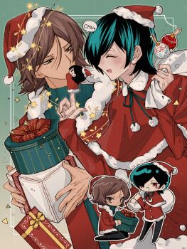 2boys black_hair blush box box_stack brown_background brown_eyes brown_hair capelet chibi chibi_inset christmas closed_eyes commentary_request crossdressing crossdressing_(mtf) dress finger_puppet finger_to_another's_mouth fur-trimmed_capelet fur-trimmed_dress fur-trimmed_headwear fur-trimmed_jacket fur_trim gift gift_box gradient_background green_background green_sweater hat highres holding holding_box holding_gift holding_sack index_finger_raised jacket kurosu_jun male_focus medium_hair multiple_boys open_clothes open_jacket open_mouth persona persona_2 persona_2_tsumi pom_pom_(clothes) prsn_ebbb_(ebibibi) puppet red_capelet red_dress red_hat red_jacket sack sack_behind_back santa_hat smile star_(symbol) string_lights suou_tatsuya sweater turtleneck turtleneck_sweater two-tone_background yaoi