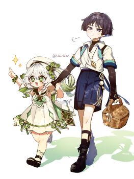 1boy 1girl absurdres aqua_trim arm_up armlet armor arms_at_sides basket black_boots black_bow black_bridal_gauntlets black_hair black_sailor_collar black_shirt black_shoes blue_gem blue_shorts blue_trim blush boots bow bracelet bridal_gauntlets bright_pupils casual choppy_bangs clenched_hand closed_mouth collared_shirt colored_inner_hair colored_tips commentary_request contemporary cross-shaped_pupils detached_sleeves dress eyelashes eyeliner feather_necklace feathers full_body garter_straps gem genshin_impact gold_trim green_eyes green_hair green_pupils green_trim hair_bow hair_intakes hair_ornament hand_up hat height_difference highres holding holding_another's_wrist holding_basket japanese_armor jewelry kote kurokote layered_shirt leaf leaf_hair_ornament looking_at_another looking_to_the_side makeup mary_janes medium_dress medium_hair multicolored_hair nahida_(genshin_impact) necklace official_alternate_costume oishii_sasa open_collar open_hand open_mouth picnic_basket pointing pointing_up pom_pom_(clothes) puff_of_air pulling purple_eyes purple_hair red_eyeliner sailor_collar sailor_hat scaramouche_(genshin_impact) shadow shirt shoes short_sleeves shorts side_ponytail sidelocks socks streaked_hair symbol-shaped_pupils tareme tsurime turtleneck turtleneck_shirt twitter_username undershirt wanderer_(genshin_impact) white_background white_dress white_hair white_hat white_pupils white_shirt white_sleeves white_socks white_trim yellow_feathers