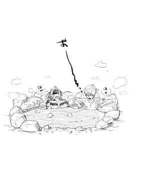 2boys abarai_renji bleach greyscale highres knees_up kurosaki_ichigo male_focus monochrome multiple_boys nude onsen open_mouth partially_submerged same-sex_bathing shared_bathing short_hair siji105 simple_background tattoo teeth wet wet_hair white_background