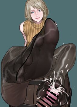 1girl ashley_graham bar_censor barrel blonde_hair blue_eyes censored cum ejaculation feet footjob highres koukou_panchi looking_at_viewer medium_hair pantyhose pov resident_evil resident_evil_4 resident_evil_4_(remake) sitting sleeveless sleeveless_sweater soles sweater toes