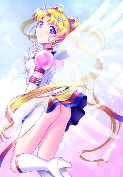 1girl ass bishoujo_senshi_sailor_moon blonde_hair blue_eyes blue_sailor_collar blue_skirt boots breasts choker closed_mouth crescent crescent_earrings double_bun earrings elbow_gloves eternal_sailor_moon facial_mark falling_feathers feathers forehead_mark gloves hair_bun hand_up high_heel_boots high_heels highres himehachi_(hime8manga) jewelry knee_boots leg_up long_hair magical_girl medium_breasts multicolored_skirt no_panties red_choker red_skirt sailor_collar sailor_moon sailor_senshi_uniform shirt skirt smile solo split_mouth star_(symbol) star_earrings tsukino_usagi twintails very_long_hair white_boots white_feathers white_gloves white_shirt white_wings wings yellow_skirt