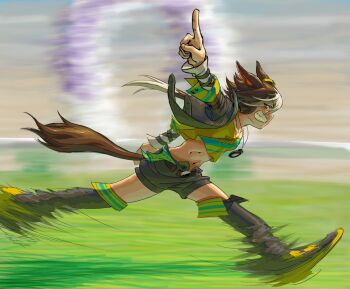 1girl animal_ears black_shorts brown_hair commentary english_commentary full_body grin horse_ears horse_girl horse_tail looking_at_viewer multicolored_hair navel raiolasermortal running short_hair shorts smear_frame smile solo stomach streaked_hair tail umamusume victory vodka_(umamusume) vodka_(wild_top_gear)_(umamusume) white_hair