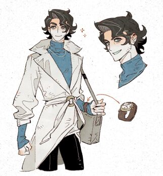 1boy bag belt black_hair black_pants blue_eyes blue_shirt closed_mouth coat commentary commentary_request cropped_legs cropped_shoulders english_commentary grey_hair highres holding holding_bag jewelry lapels long_sleeves luye_unknows male_focus mixed-language_commentary multicolored_hair multiple_views necklace nintendo notched_lapels o-ring o-ring_belt pants parted_hair pokemon pokemon_xy professor_sycamore shirt short_hair shoulder_bag smile streaked_hair teeth turtleneck watch wavy_hair white_coat wristwatch