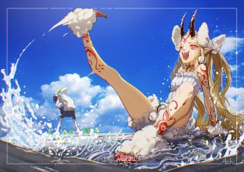 1girl 1other arm_tattoo artist_name black_nails blonde_hair bow character_request check_character chromatic_aberration closed_eyes cloud cloudy_sky colored_extremities commentary_request dated drinking facial_tattoo fangs fate/grand_order fate_(series) fingernails hair_bow highres horns ibaraki_douji_(fate) ibaraki_douji_(over_the_same_sky)_(fate) isagiyo large_bow leg_tattoo long_hair neck_tattoo no_bra one-piece_swimsuit open_mouth outdoors pointy_ears red_tattoo sharp_fingernails sharp_toenails shuten_douji_(fate) shuten_douji_(over_the_same_sky)_(fate) sky swimsuit tattoo toenails tongue twintails very_long_hair water white_bow white_one-piece_swimsuit