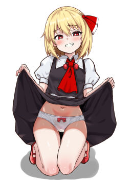 1girl absurdres black_skirt black_vest blonde_hair blush bow bow_panties bright_pupils cameltoe clothes_lift collared_shirt commentary_request covered_clitoris ebi_193 grin hair_bow head_tilt highres kneeling lifting_own_clothes looking_at_viewer mary_janes medium_hair navel neckerchief panties puffy_short_sleeves puffy_sleeves red_bow red_eyes red_neckerchief red_shoes rumia shirt shoes short_sleeves simple_background skirt skirt_lift smile solo stomach thigh_gap thighs touhou underwear vest white_background white_panties white_pupils white_shirt