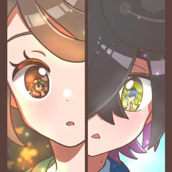 1boy 1girl :o black_hair brown_eyes brown_hair close-up commentary_request crossed_bangs eye_reflection eyelashes green_shirt highres juliana_(pokemon) kieran_(pokemon) light_blush mole mole_on_neck nintendo open_mouth pillarboxed pokemon pokemon_sv reflection shirt split_screen yellow_eyes yyukisnow