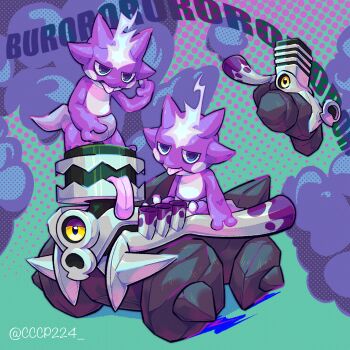 blue_eyes cccp224 commentary_request gas gen_8_pokemon highres jitome nintendo no_humans one-eyed open_mouth pokemon pokemon_(creature) pokemon_focus revavroom sitting standing tongue tongue_out toxel twitter_username varoom yellow_eyes