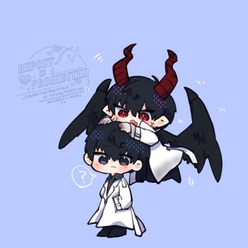 2boys ? black_eyes black_hair black_shirt black_wings coat collared_shirt colored_veins commentary demon_horns double-parted_bangs dual_persona feathered_wings floating full_body hair_between_eyes hand_on_another&#039;s_head hands_in_pockets highres horns kim_dokja kimidori_22 male_focus multiple_boys official_alternate_costume omniscient_reader&#039;s_viewpoint open_clothes open_coat popped_collar red_eyes shirt short_hair spoken_question_mark symbol-only_commentary white_coat wings