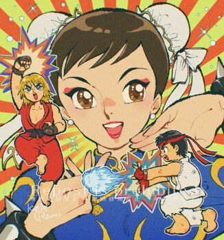 Rule 34 | 1girl, 2boys, absurdres, bangle, barefoot, black gloves, black hair, blonde hair, blue dress, blue eyes, bracelet, brown eyes, brown hair, bun cover, capcom, chibi, chibi inset, china dress, chinese clothes, chun-li, clenched hands, commentary, double bun, dress, earrings, eyeshadow, fingerless gloves, furrowed brow, gloves, gold trim, hadouken, hair bun, hashtag-only commentary, headband, highres, jewelry, ken masters, koberakobe, lunging, makeup, medium hair, multiple boys, open mouth, pearl earrings, punching, raised fist, red dougi, red eyeshadow, red gloves, red headband, ryu (street fighter), short hair, smile, spiked bracelet, spikes, street fighter, teeth, updo, upper body, upper teeth only, watermark, white dougi