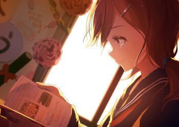 Rule 34 | 1girl, book, brown hair, closed mouth, dutch angle, evening, from side, hair ornament, hairclip, highres, holding, holding notebook, indoors, jikkyou powerful pro yakyuu, karajio, long hair, motowaka haruhi, notebook, open book, profile, purple eyes, school uniform, solo, tears, upper body, window