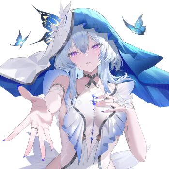 1girl absurdres armlet blue_butterfly blue_hair blue_nails blue_veil breasts bug butterfly chinese_commentary commentary_request dress fingernails hair_between_eyes hand_on_own_chest highres insect jewelry kyky_(-kyky) long_fingernails long_hair medium_breasts nail_polish parted_lips purple_eyes shorekeeper_(wuthering_waves) simple_background sleeveless sleeveless_dress solo two-tone_veil upper_body veil white_background white_dress white_veil wuthering_waves