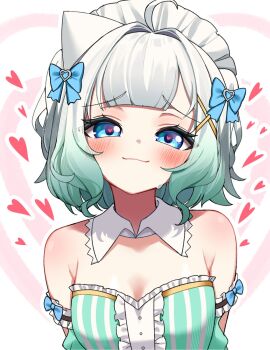 1girl ahoge aqua_dress aqua_hair arms_behind_back blue_bow blush bow closed_mouth collar densetsu.exe detached_collar dress hair_bow hair_ornament highres looking_at_viewer maid maid_headdress medium_hair mint_fantome mint_fantome_(minto_2.0) multicolored_hair pipbit smile solo streaked_hair virtual_youtuber white_collar x_hair_ornament