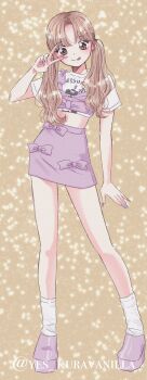 1girl :p aespa blonde_hair brown_eyes commentary eyelashes fake_nails full_body hashtag-only_commentary highres k-pop makeup mascara parted_bangs purple_skirt real_life skirt smile socks solo sparkle symbol-only_commentary tongue tongue_out twintails twitter_username v white_socks winter_(aespa) yes_kuravanilla