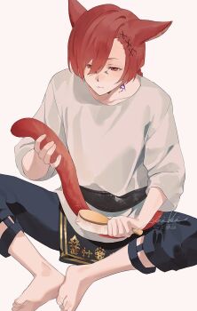 Rule 34 | 1boy, animal ears, atikiotaku, barefoot, belt, black pants, brushing tail, cat boy, cat ears, cat tail, closed mouth, collarbone, commentary request, crew neck, facial mark, final fantasy, final fantasy xiv, g'raha tia, hair between eyes, holding own tail, invisible chair, miqo'te, pants, red eyes, red hair, shirt, short hair, simple background, sitting, t-shirt, tail, twitter username, white background, white shirt