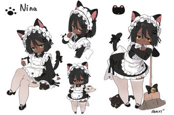 1girl absurdres animal_ears apron bell black_bow black_dress black_hair black_shoes bow braid broom brown_eyes candy cat cat_ears cat_girl cat_tail character_name chibi commentary crossed_legs cup dark-skinned_female dark_skin dress english_commentary fang food hair_ornament hairband hairclip highres jingle_bell lolita_hairband lollipop long_sleeves maid maid_apron mary_janes mole mole_under_eye original paw_print shoes simple_background solo tail tail_bow tail_ornament thighhighs white_apron white_background white_thighhighs zhishuixy