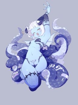 1girl absurdres ahoge arms_up asymmetrical_legwear bandaid bat_wings black_nails blue_skin blunt_bangs blush_stickers bob_cut bodypaint breasts colored_skin commentary_request commission fingernails fishnet_leggings grey_background heart highres horizontal_pupils long_fingernails long_toenails namagaki_ataru name_tag navel open_mouth pii_pii_fushigi_dungeon_mz pointy_ears pubic_tattoo sharp_fingernails sharp_toenails short_eyebrows short_hair simple_background single_fishnet_legwear small_breasts solo tattoo tentacles thick_eyebrows thighs toenails tongue tongue_out uneven_legwear white_hair wings yellow_eyes