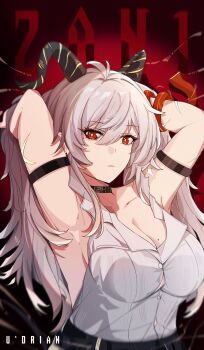 1girl arm_strap arms_up artist_name black_choker black_horns breasts button_gap character_name choker closed_mouth collarbone commentary curled_horns grey_hair hair_between_eyes hashtag-only_commentary highres horns large_breasts long_hair looking_at_viewer mole mole_on_breast mole_under_eye red_eyes shirt shirt_tucked_in solo udrxan white_shirt wuthering_waves zani_(wuthering_waves)