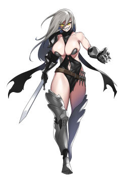 1girl absurdres armor armored_boots between_breasts black_dress boots breasts clenched_hand clothing_cutout commentary double-parted_bangs dress full_body gauntlets grey_hair grin hair_between_eyes highres holding holding_sword holding_weapon large_breasts long_hair looking_at_viewer navel navel_cutout original pellpt revealing_clothes ringed_eyes sharp_teeth shoulder_armor simple_background single_bare_shoulder smile solo sword teeth tsurime walking weapon white_background yellow_eyes