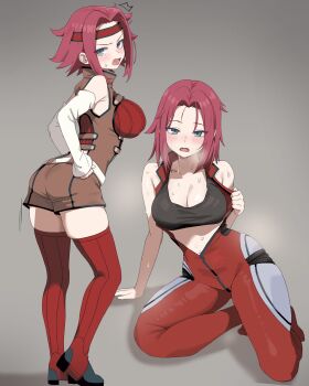 1girl absurdres arm_support ass bare_arms black_sports_bra blue_eyes blush bodysuit breasts brown_shorts cleavage code_geass detached_sleeves grey_background haembeogeokseu headband heel_up highres kneeling kouzuki_kallen large_breasts looking_at_viewer looking_back multiple_views open_mouth red_bodysuit red_hair red_headband red_thighhighs short_hair shorts sports_bra standing sweat thighhighs