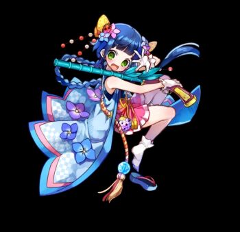 1girl :d black_background blue_hair blunt_bangs braid braided_ponytail fang flower full_body geta gloves green_eyes gun hair_flower hair_ornament himechiyo_(merc_storia) holding holding_gun holding_weapon japanese_clothes kimono long_hair merc_storia merc_storia_art_team miniskirt obi official_art open_hand open_mouth pink_skirt pleated_skirt sash sidelocks simple_background skirt sleeveless sleeveless_haori sleeveless_kimono smile socks solo standing tachi-e thighs weapon white_gloves white_socks